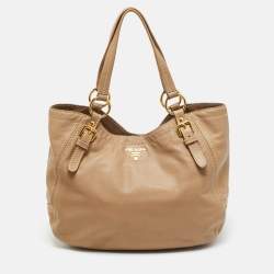 Pre Owned Prada Beige Soft Leather Buckle Tote