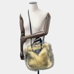 Pre Owned Prada Triangle Logo 2Way Handbag Beige/Black Fake Fur