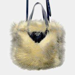 Pre Owned Prada Triangle Logo 2Way Handbag Beige/Black Fake Fur