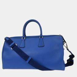 Pre Owned Prada Blue Leather Travel Duffle 2way Shoulder Handbag
