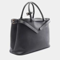 Pre Owned Prada Buckle Double Belt Medium Handbag Leather Black