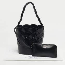 Pre Owned Prada Black Intreccio Leather Tress Bucket Bag