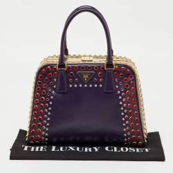 Pre Owned Prada Multicolor Saffiano Patent Leather Crystal Embellished Pyramid Frame Satchel