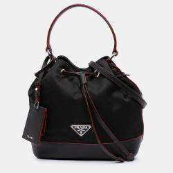 Pre Owned Prada Black Saffiano Trimmed Tessuto Bucket Bag