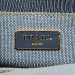Pre Owned Prada Light Blue Canvas Logo Small Canapa Tote