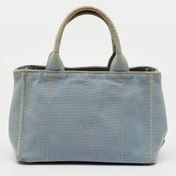 Pre Owned Prada Light Blue Canvas Logo Small Canapa Tote