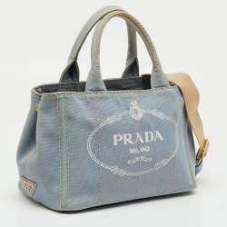 Pre Owned Prada Light Blue Canvas Logo Small Canapa Tote