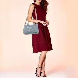 Pre Owned Prada Light Blue Canvas Logo Small Canapa Tote