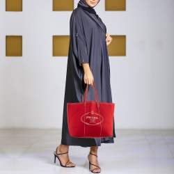Pre Owned Prada Red Neoprene and Leather Logo Canapa Tote