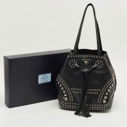 Pre Owned Prada Black Leather Studded Drawstring Bucket Bag