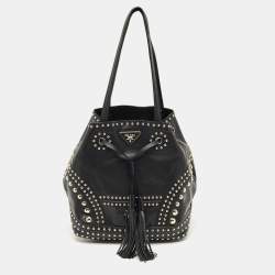Pre Owned Prada Black Leather Studded Drawstring Bucket Bag