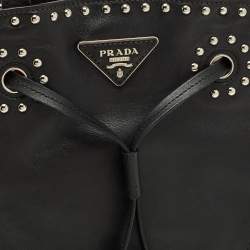 Pre Owned Prada Black Leather Studded Drawstring Bucket Bag