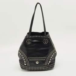 Pre Owned Prada Black Leather Studded Drawstring Bucket Bag
