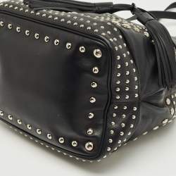 Pre Owned Prada Black Leather Studded Drawstring Bucket Bag