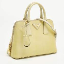 Pre Owned Prada Light Yellow Saffiano Patent Lux Leather Small Promenade Satchel