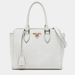 Pre Owned Prada White Soft Calf Trimmed Saffiano Lux Open Convertible Tote