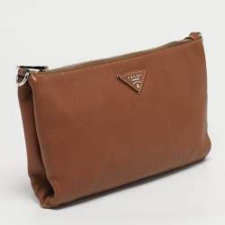 Pre Owned Prada Brown Vitello Daino Leather Logo Flap Chain Clutch