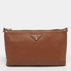 Pre Owned Prada Brown Vitello Daino Leather Logo Flap Chain Clutch