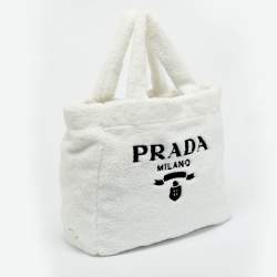 Pre Owned Prada White/Black Terry Cloth Logo Tote