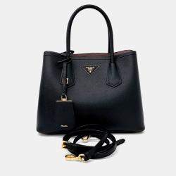Pre Owned Prada Black Leather Saffiano Double Tote and Shoulder Bag