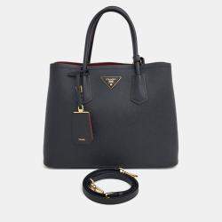 Pre Owned Prada Black Leather Saffiano Double Tote and Shoulder Bag
