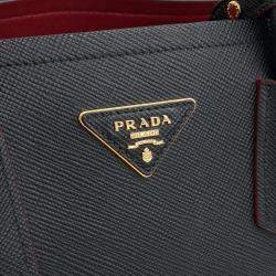 Pre Owned Prada Black Leather Saffiano Double Tote and Shoulder Bag