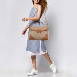 Pre Owned Prada Beige/Tan Canvas and Cinghiale Leather Top Handle Bag