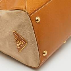 Pre Owned Prada Beige/Tan Canvas and Cinghiale Leather Top Handle Bag