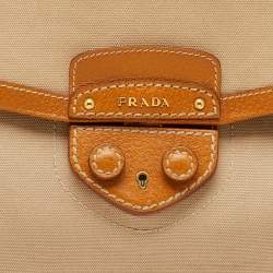 Pre Owned Prada Beige/Tan Canvas and Cinghiale Leather Top Handle Bag