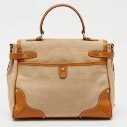 Pre Owned Prada Beige/Tan Canvas and Cinghiale Leather Top Handle Bag