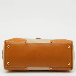 Pre Owned Prada Beige/Tan Canvas and Cinghiale Leather Top Handle Bag