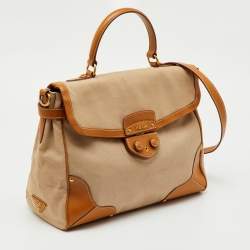 Pre Owned Prada Beige/Tan Canvas and Cinghiale Leather Top Handle Bag