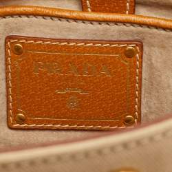 Pre Owned Prada Beige/Tan Canvas and Cinghiale Leather Top Handle Bag