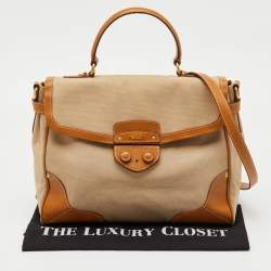 Pre Owned Prada Beige/Tan Canvas and Cinghiale Leather Top Handle Bag