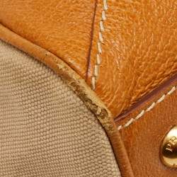 Pre Owned Prada Beige/Tan Canvas and Cinghiale Leather Top Handle Bag