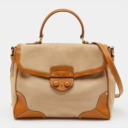Pre Owned Prada Beige/Tan Canvas and Cinghiale Leather Top Handle Bag