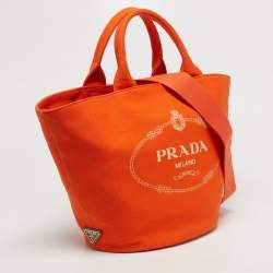 Pre Owned Prada Orange Canvas Logo Print Tote