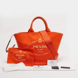 Pre Owned Prada Orange Canvas Logo Print Tote