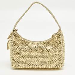 Pre Owned Prada Re-Edition 2000 Crystals Gold Satin Shoulder Bag