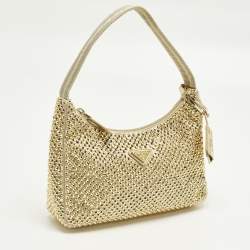 Pre Owned Prada Re-Edition 2000 Crystals Gold Satin Shoulder Bag