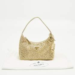 Pre Owned Prada Re-Edition 2000 Crystals Gold Satin Shoulder Bag