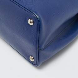 Pre Owned Prada Double Handle Medium Blue Saffiano Cuir Leather Tote