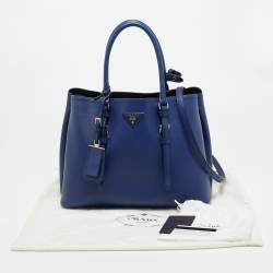 Pre Owned Prada Double Handle Medium Blue Saffiano Cuir Leather Tote