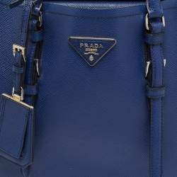 Pre Owned Prada Double Handle Medium Blue Saffiano Cuir Leather Tote
