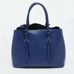 Pre Owned Prada Double Handle Medium Blue Saffiano Cuir Leather Tote