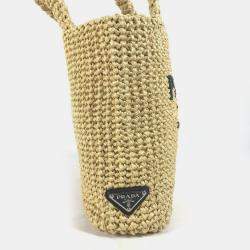 Pre Owned Prada Basket Bag Straw Crochet Triangle Logo Small Lettering Tote Handbag Raffia Natural Beige