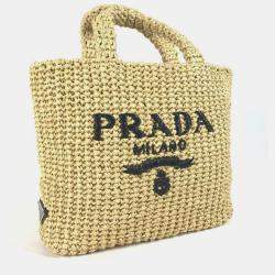 Pre Owned Prada Basket Bag Straw Crochet Triangle Logo Small Lettering Tote Handbag Raffia Natural Beige