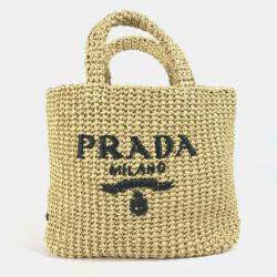 Pre Owned Prada Basket Bag Straw Crochet Triangle Logo Small Lettering Tote Handbag Raffia Natural Beige