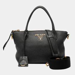Pre Owned Prada Black Vitello Daino Zip Top Satchel