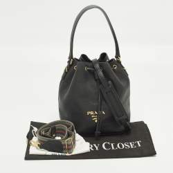 Pre Owned Prada Black Leather Drawstring Bucket Bag